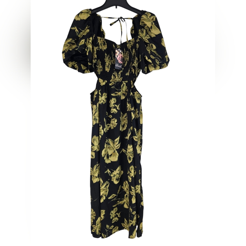Blush Floral Maxi Dress Puff  Sleeves Smocked Bodice Black Yellow Size XL
